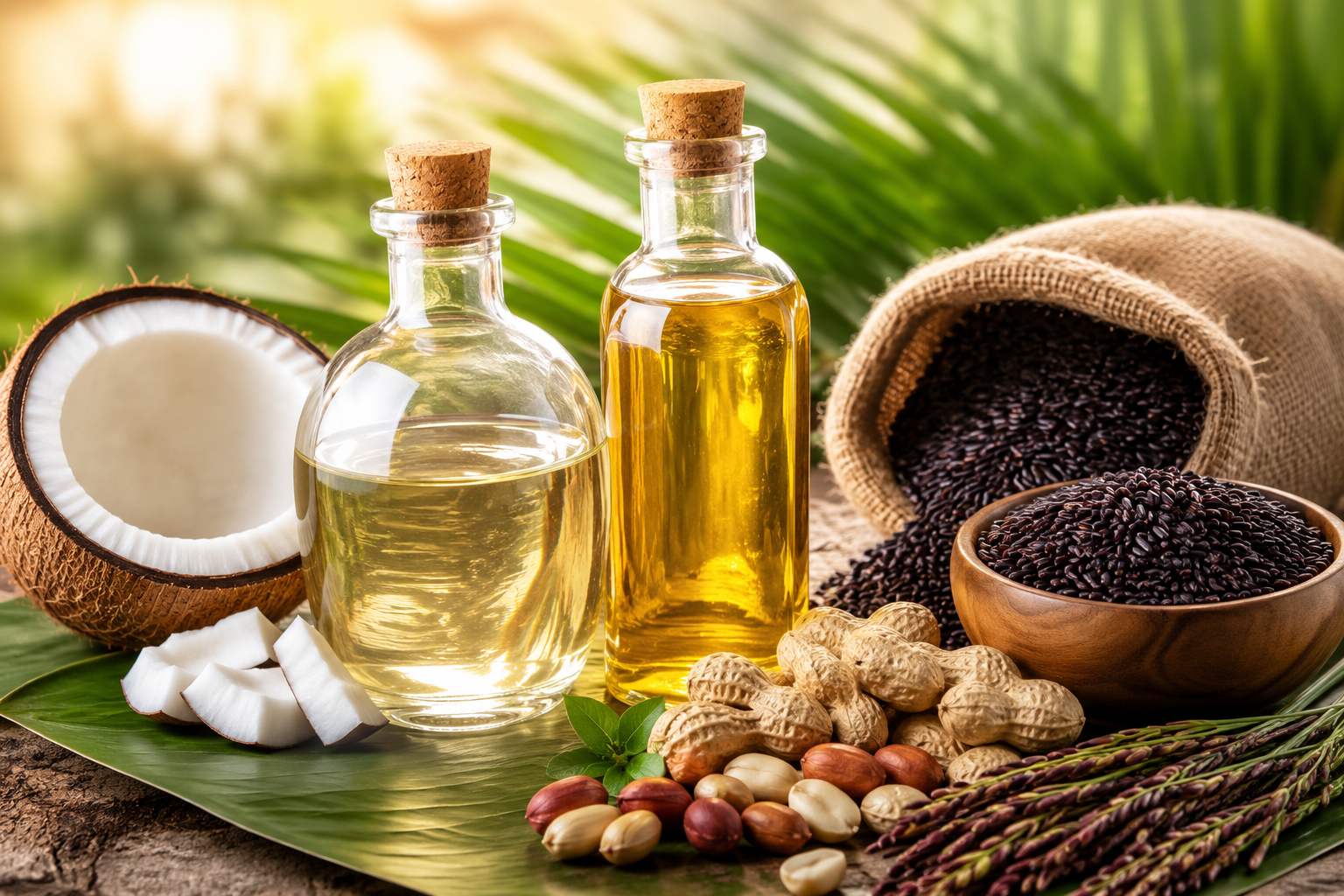 Cold pressed groundnut and coconut oil bottles
